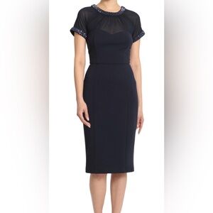 Maggy London Navy Midi Dress Sheer Details and Navy Beading at Neck and‎ Sleeves